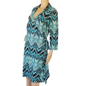 Vintage Spago Herringbone Pattern Wrap Dress Women's Large 3/4 Sleeve V Neck